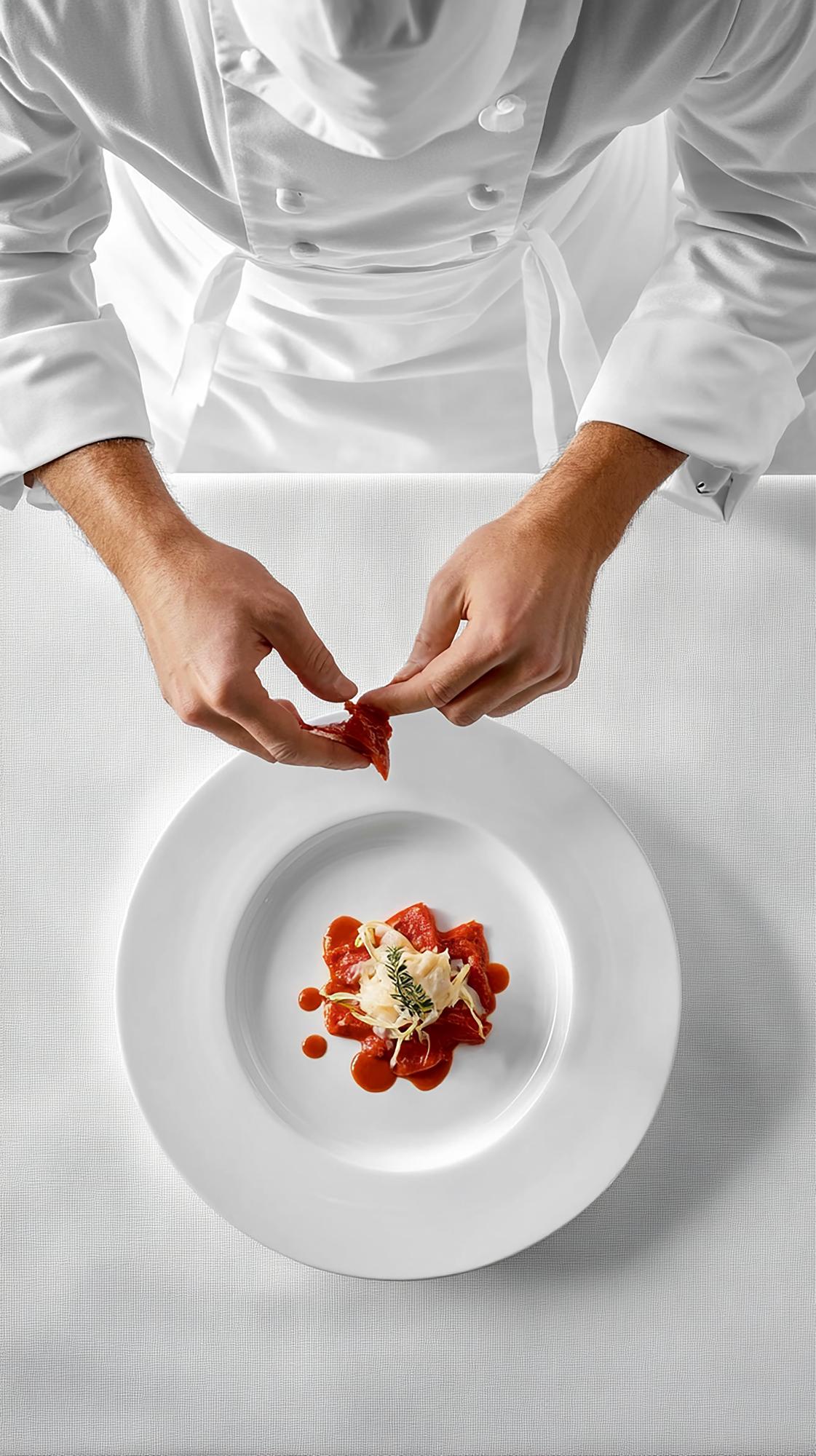 Instructor plating a dessert in a studio kitchen